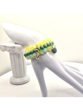 Yellow & Green Beaded Stretch Bracelet Set With Ocean-Themed Charms – Seahorse &